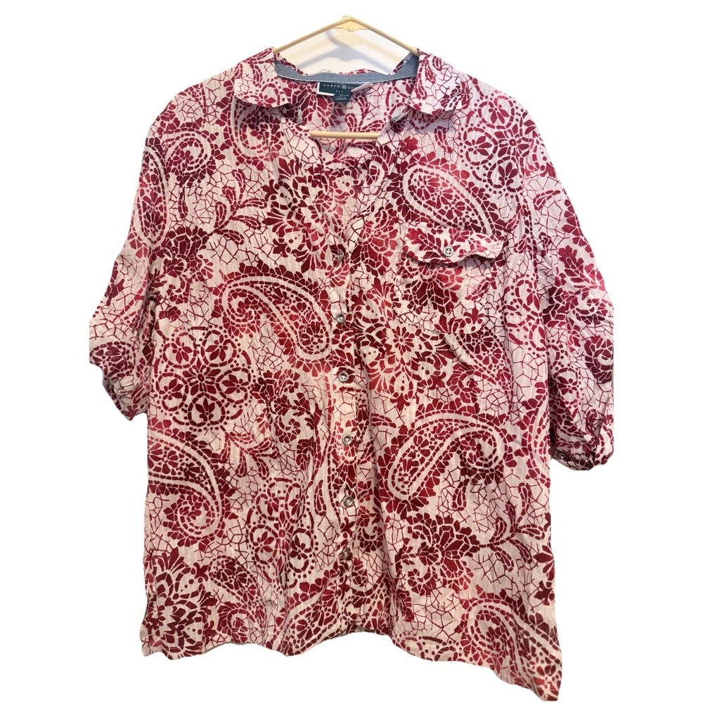 Women's NWT Karen Scott Red & White‎ Short Sleeve Button Up Top XL/ Petite